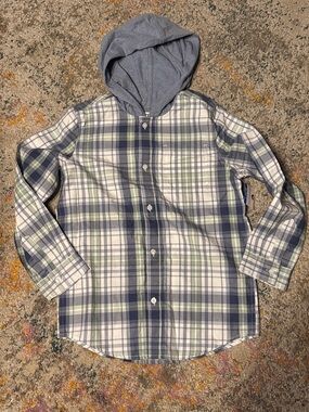 NWT Lucky Brand Boys Hooded Long Sleeve Button Down Woven Shirt - Blue L 10-12